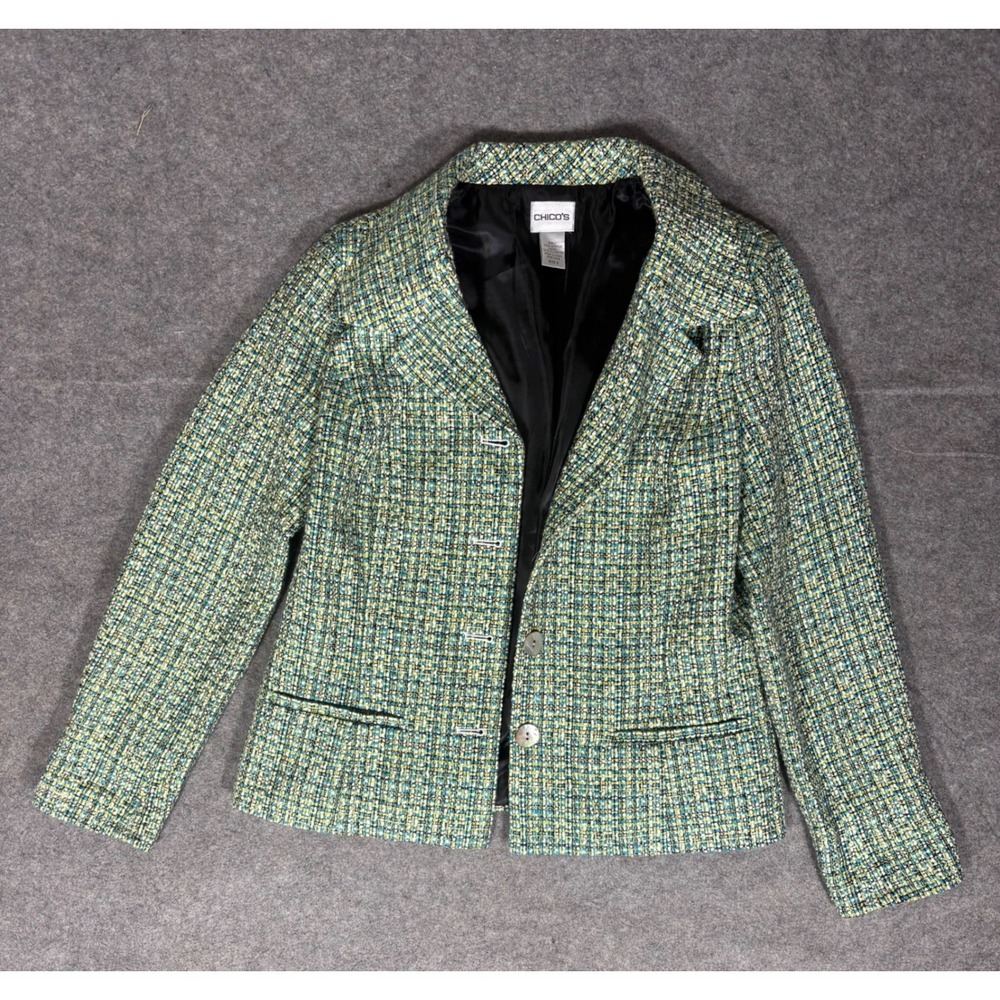 Chicos Womens Size 0 Multi-Color Tweed Blazer Green Blue Yellow Button Front